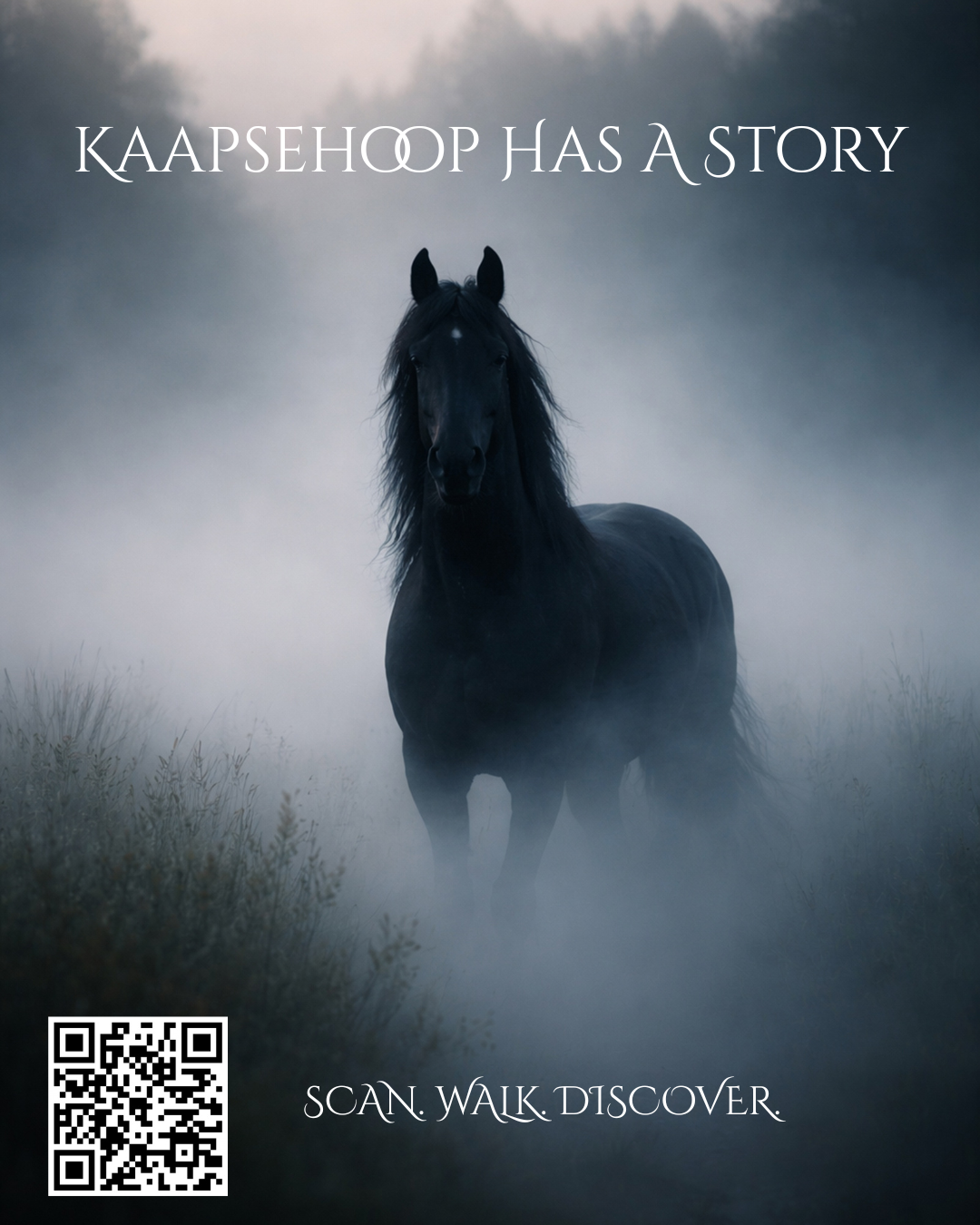 Kaapsehoop Has a Story heritage trail poster with a black horse in the mist