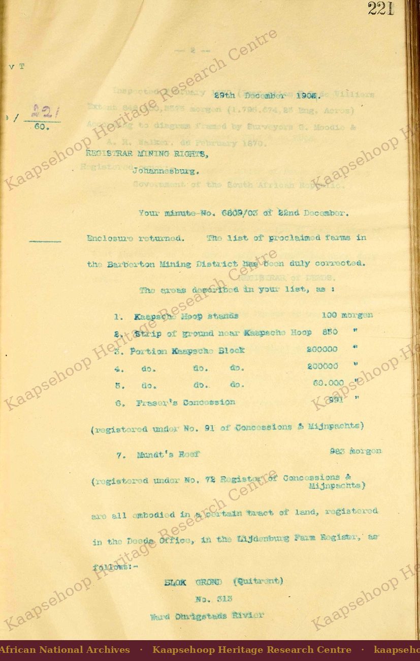 Registrar of Deeds memorandum recording the 1870 survey of Blok Grond No. 313 by G. Moodie and A. H. Walker