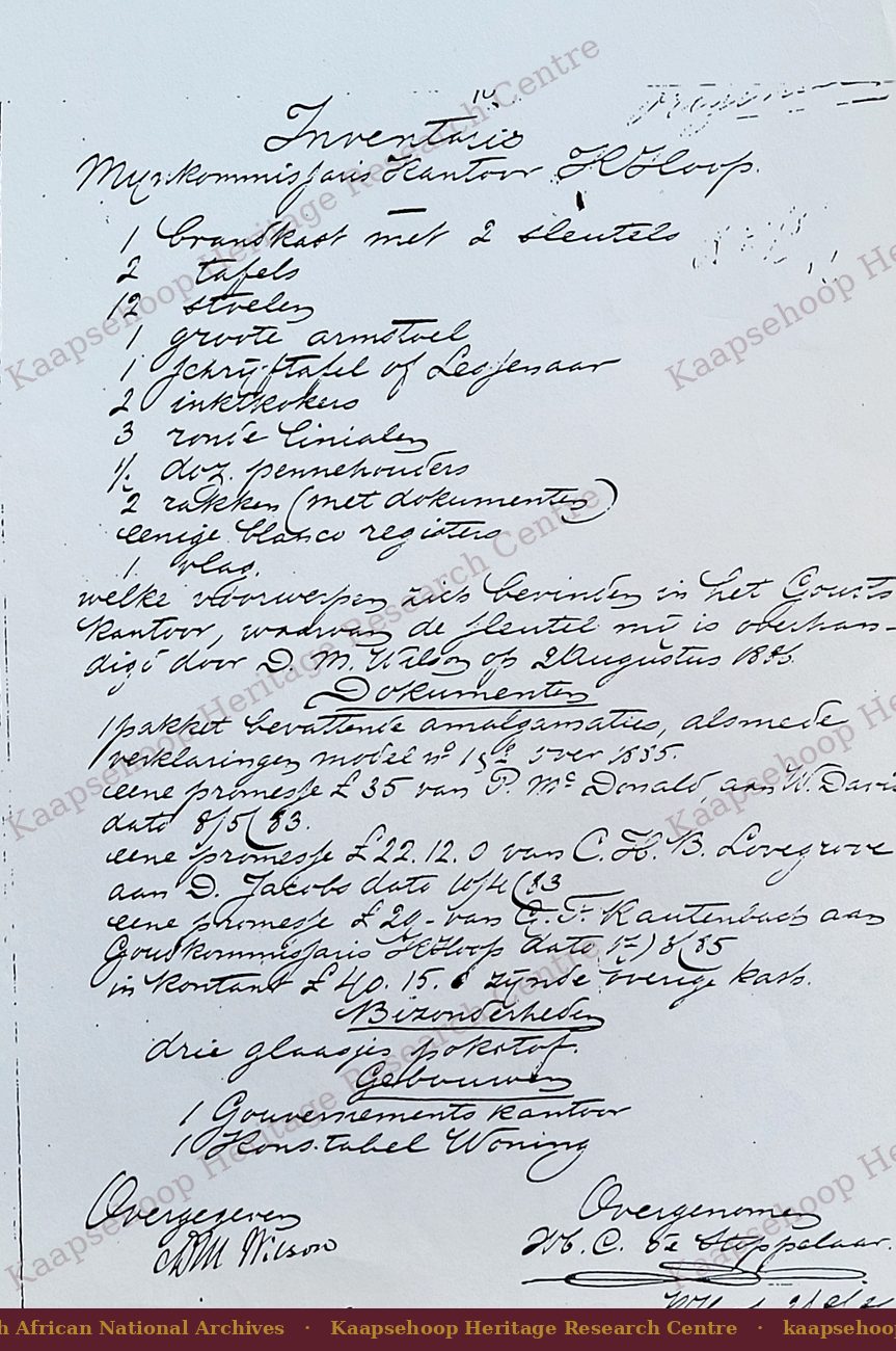 Handwritten Dutch office inventory, Kaapsche Hoop, handed from D. M. Wilson to M.C. de Stoppelaar, 2 August 1886