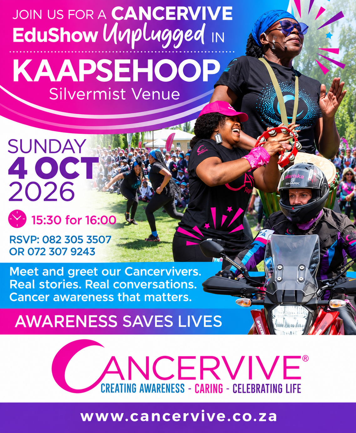 Pink and purple Cancervive EduShow Unplugged poster for Silvermist Venue, Kaapsehoop: Sunday 4 October 2026, 15:30 for 16:00, showing Cancervive members drumming and a rider on a motorcycle, with the message "Awareness saves lives".