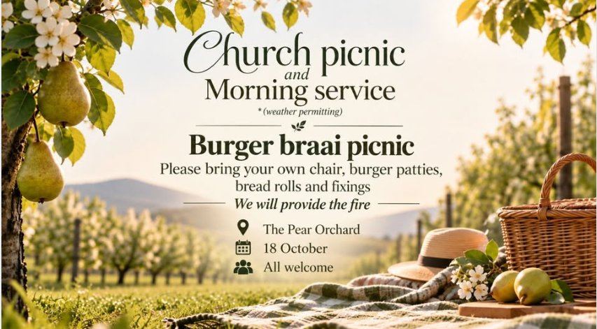 Poster for the Church Unlimited picnic and morning service with a burger braai at the Pear Orchard, Kaapsehoop, 18 October 2026