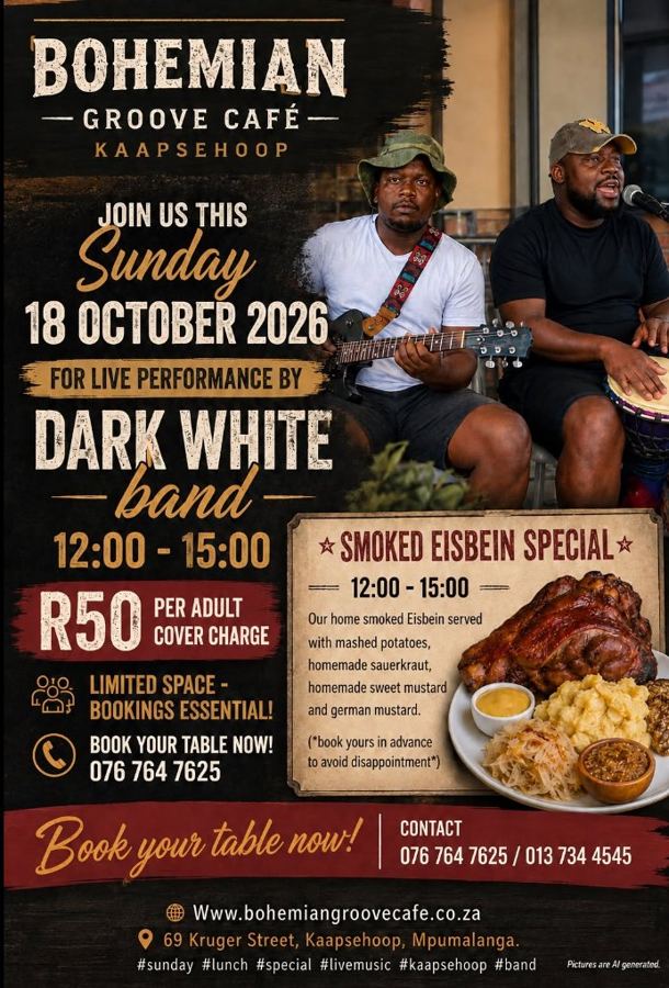 Poster for Dark White band live at Bohemian Groove Café, Kaapsehoop, Sunday 18 October 2026, 12:00 to 15:00, R50 cover, with a smoked eisbein special