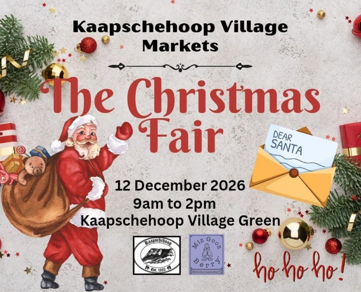 Poster for The Christmas Fair by Kaapschehoop Village Markets: Father Christmas with a sack of toys and a Dear Santa letter, 12 December 2026, 9am to 2pm, Kaapschehoop Village Green, with the Kaapschehoop and Miz Gooz Berry logos.