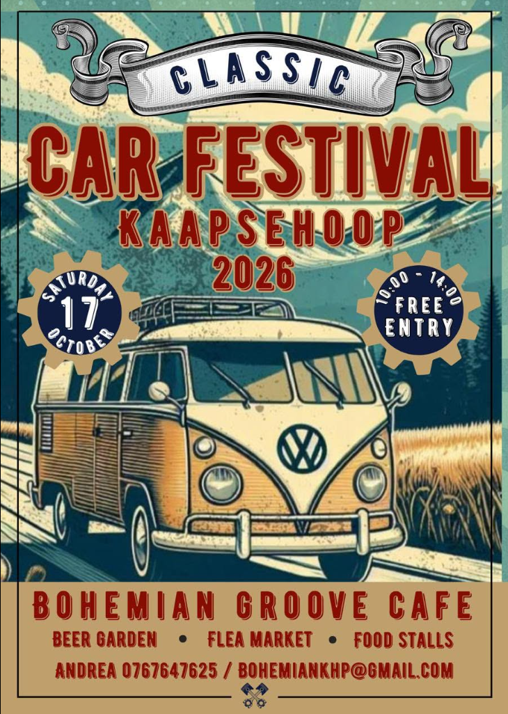 Poster for the Kaapsehoop Classic Car Festival, Saturday 17 October 2026, 10:00 to 14:00, free entry, showing an illustrated vintage VW Kombi on a mountain road, at the Bohemian Groove Cafe with beer garden, flea market and food stalls