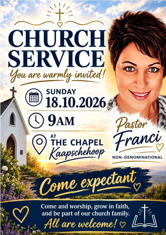 Poster for a church service with Pastor Franci at the chapel in Kaapschehoop, Sunday 18 October 2026 at 9am, all welcome