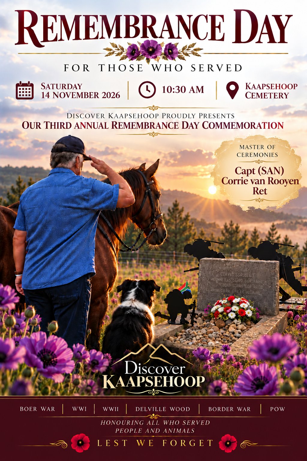 Poster for the third annual Remembrance Day Commemoration at Kaapsehoop Cemetery, Saturday 14 November 2026 at 10:30, with a man in a blue shirt saluting beside a horse and a dog at a grave with poppies and soldier silhouettes. Master of Ceremonies Capt (SAN) Corrie van Rooyen Ret.