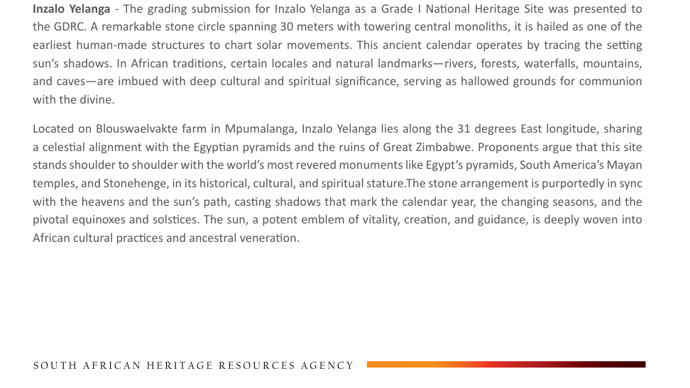 Extract of printed text from the SAHRA Annual Report 2023/24 summarising the Grade I grading submission for Inzalo Yelanga, with the South African Heritage Resources Agency footer