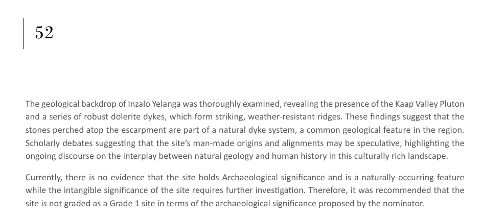 Extract of printed text from page 52 of the SAHRA Annual Report 2023/24 describing the geological examination of Inzalo Yelanga and the recommendation that it not be graded Grade I